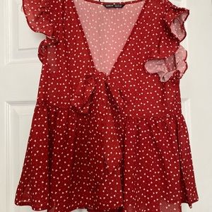 Ruffle Tie Front Heart Print Peplum Top
